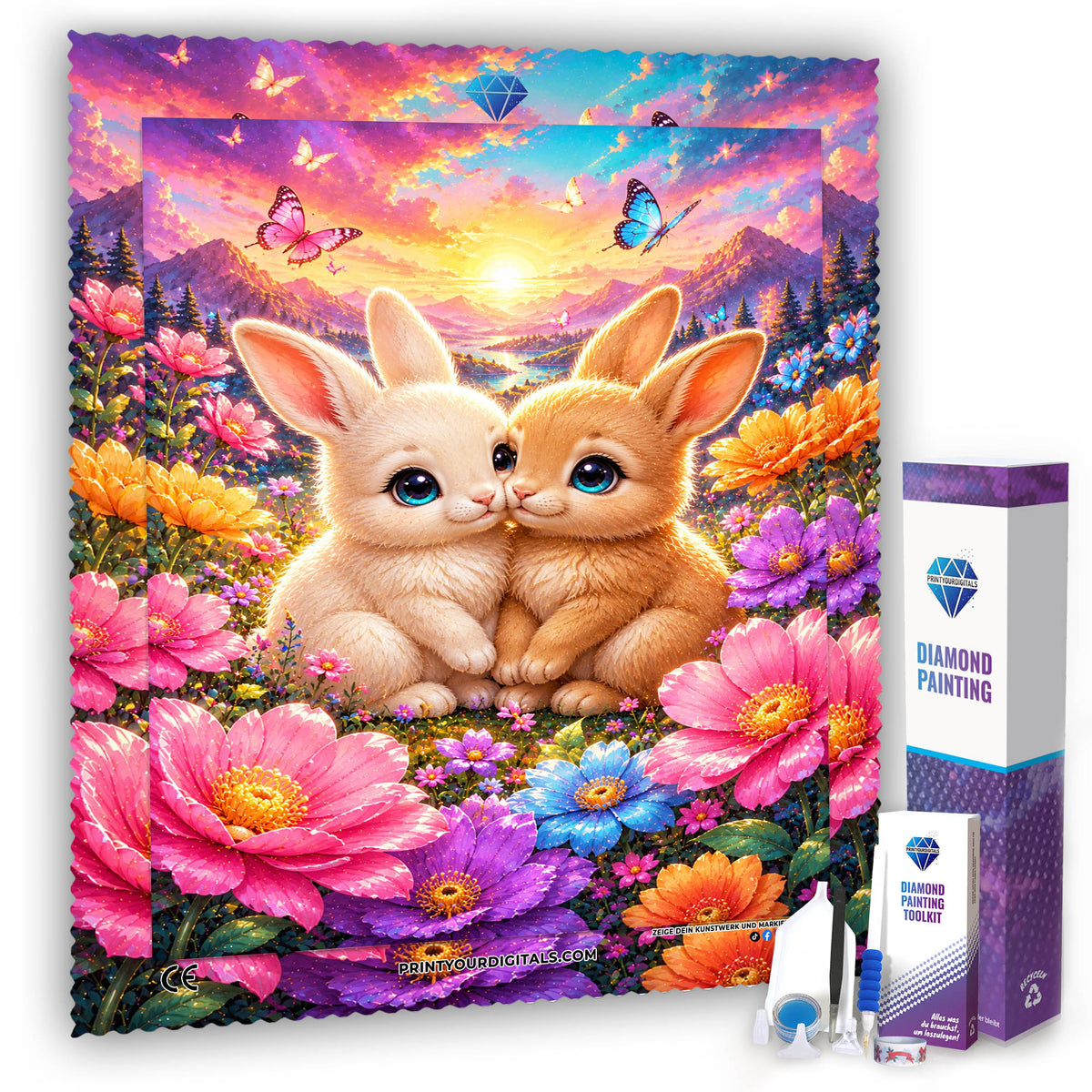 Diamond Painting - Hasenliebe im Blütenmeer