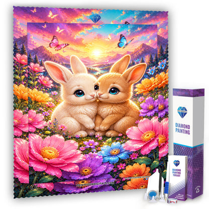 Diamond Painting - Hasenliebe im Blütenmeer