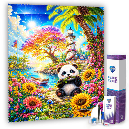 Diamond Painting - Panda am Blüten-Leuchtturm