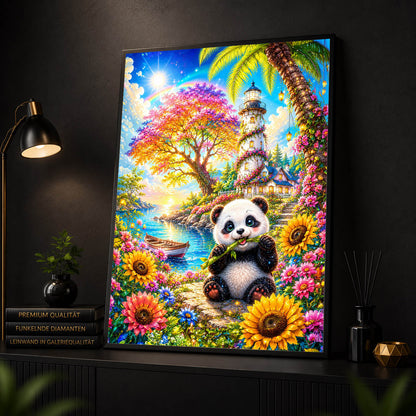 Diamond Painting - Panda am Blüten-Leuchtturm