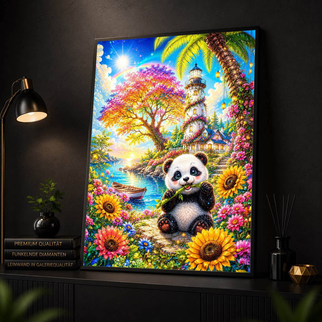 Diamond Painting - Panda am Blüten-Leuchtturm