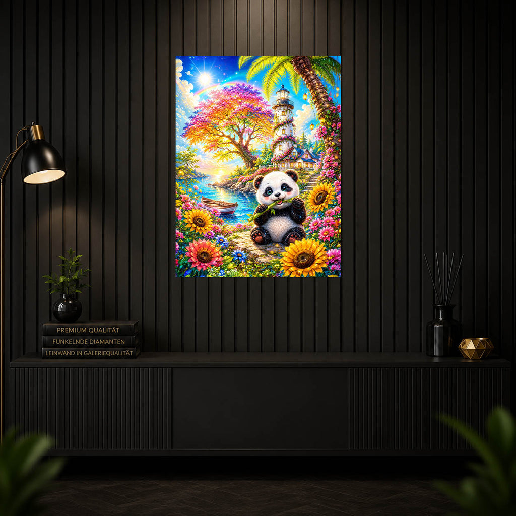 Diamond Painting - Panda am Blüten-Leuchtturm
