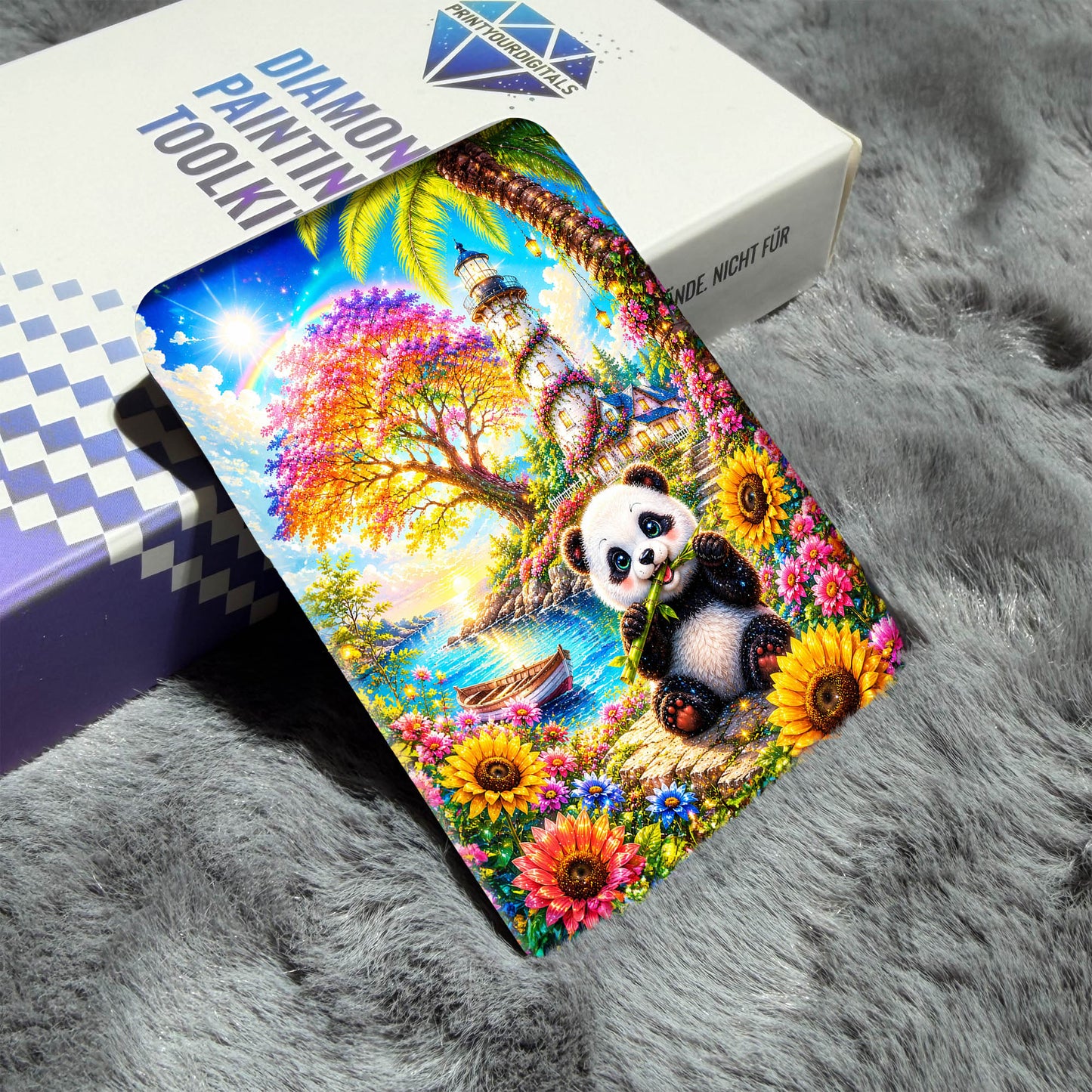 Cover Minder – Panda am Blüten-Leuchtturm