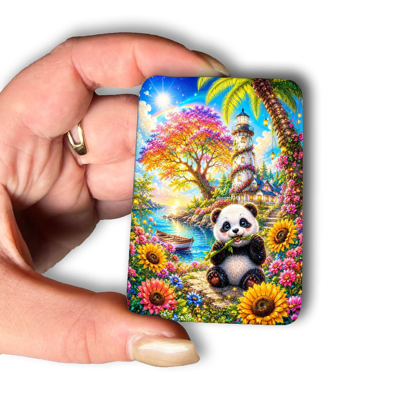 Cover Minder – Panda am Blüten-Leuchtturm