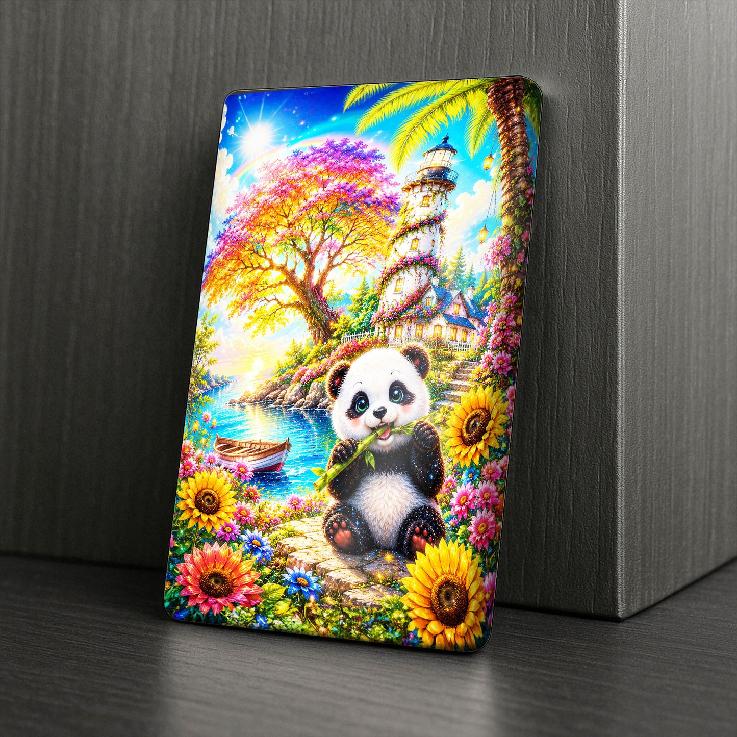 Cover Minder – Panda am Blüten-Leuchtturm