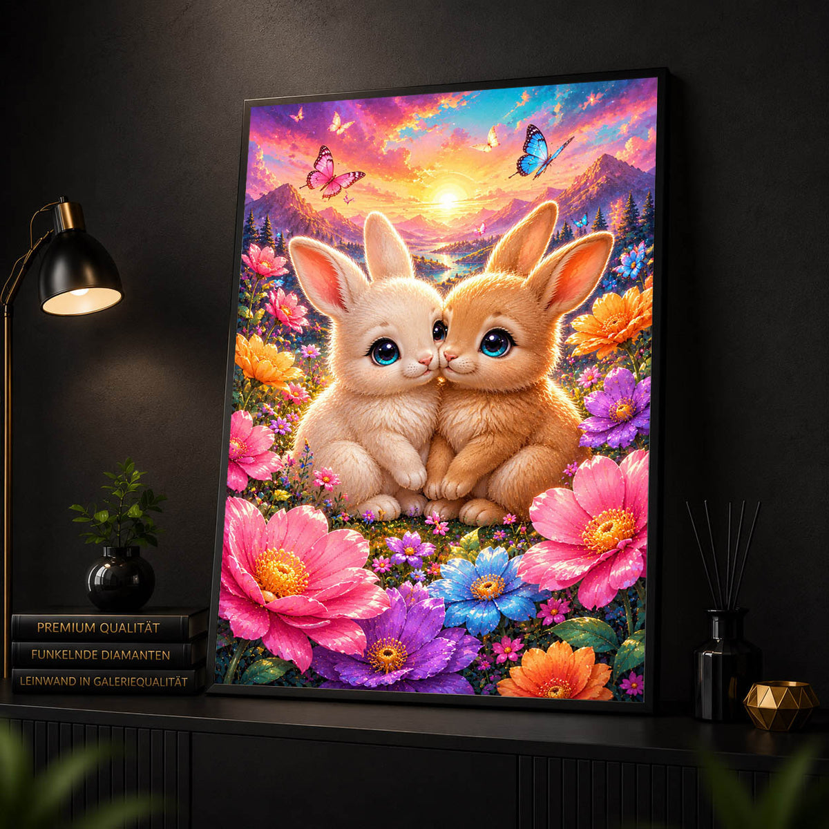 Diamond Painting - Hasenliebe im Blütenmeer