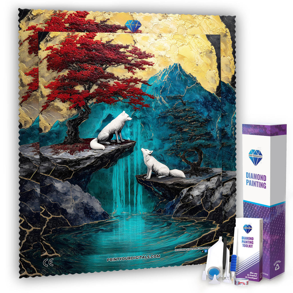 Diamond Painting - Weiße Füchse am Wasserfall