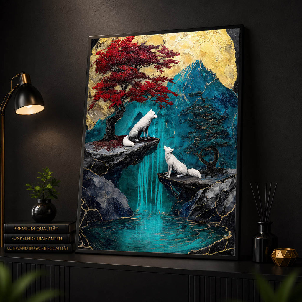 Diamond Painting - Weiße Füchse am Wasserfall