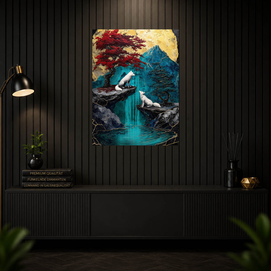 Diamond Painting - Weiße Füchse am Wasserfall