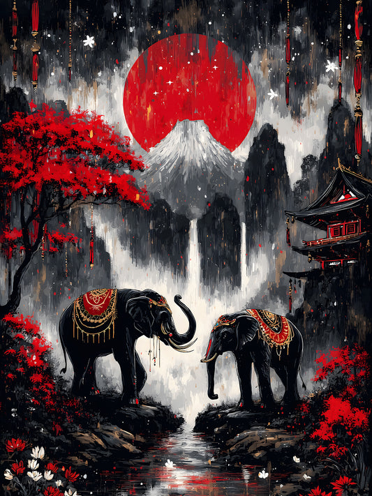 Diamond Painting - Elefanten am Fuji