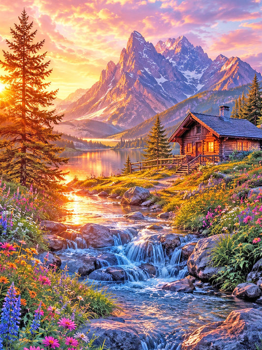 Diamond Painting – Alpenglühen am Bergsee