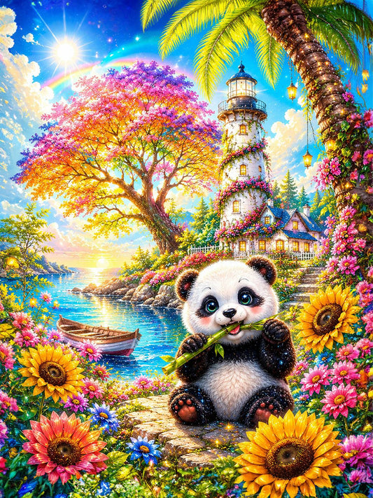 Diamond Painting - Panda am Blüten-Leuchtturm