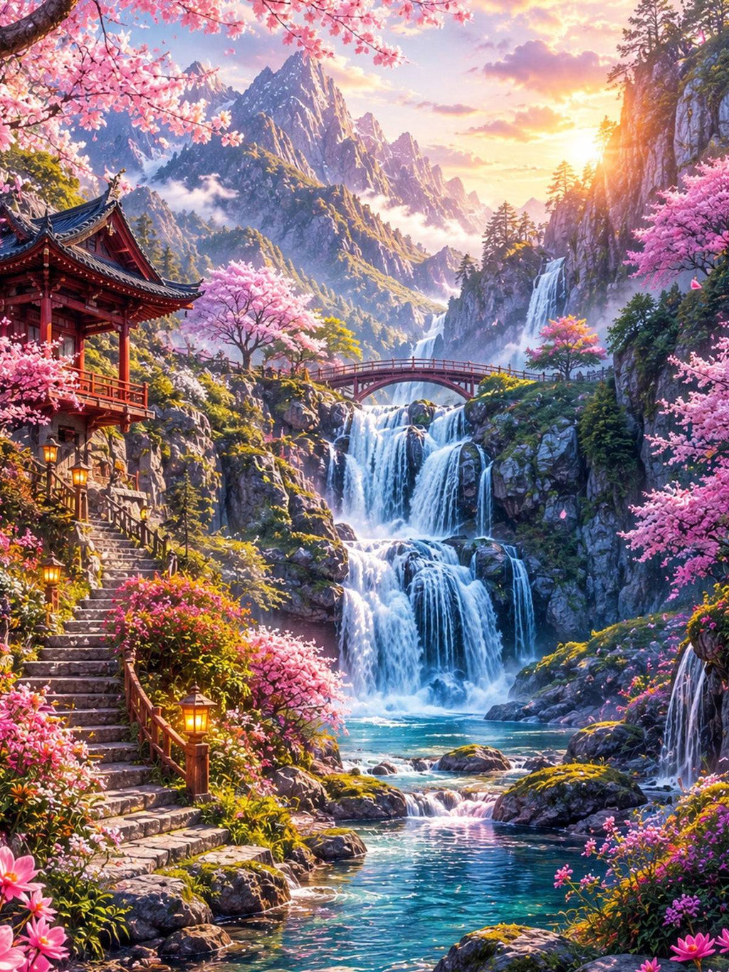 Diamond Painting – Tempel der Kirschblütenfälle