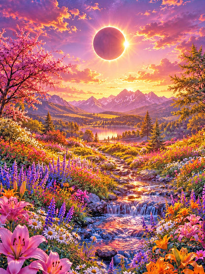 Diamond Painting – Sonnenfinsternis über dem Blütental