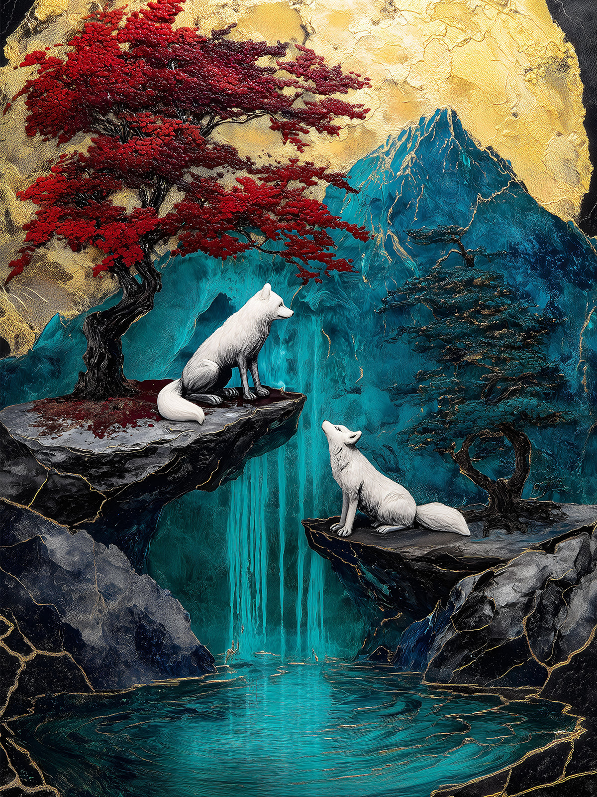 Diamond Painting - Weiße Füchse am Wasserfall