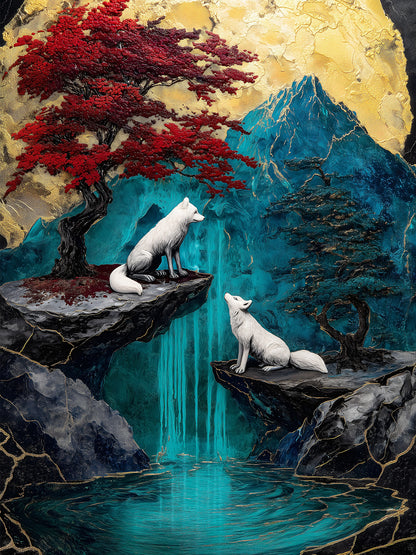 Diamond Painting - Weiße Füchse am Wasserfall