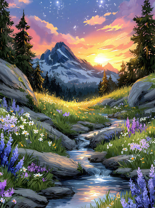 Diamond Painting - Sonnenaufgang im Bergtal